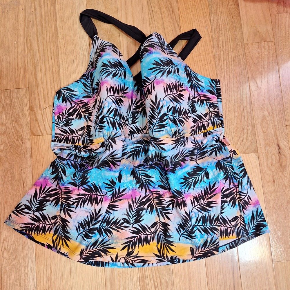 Pink Envelope Womens 3X Tropical Palm Leaf Cross Back Tankini Top Multicolor